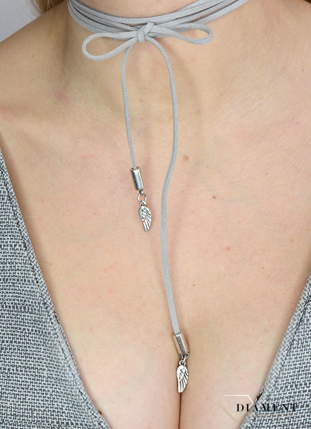 Naszyjnik choker bransoletka szary rzemyk ze skrzydłami.jpg